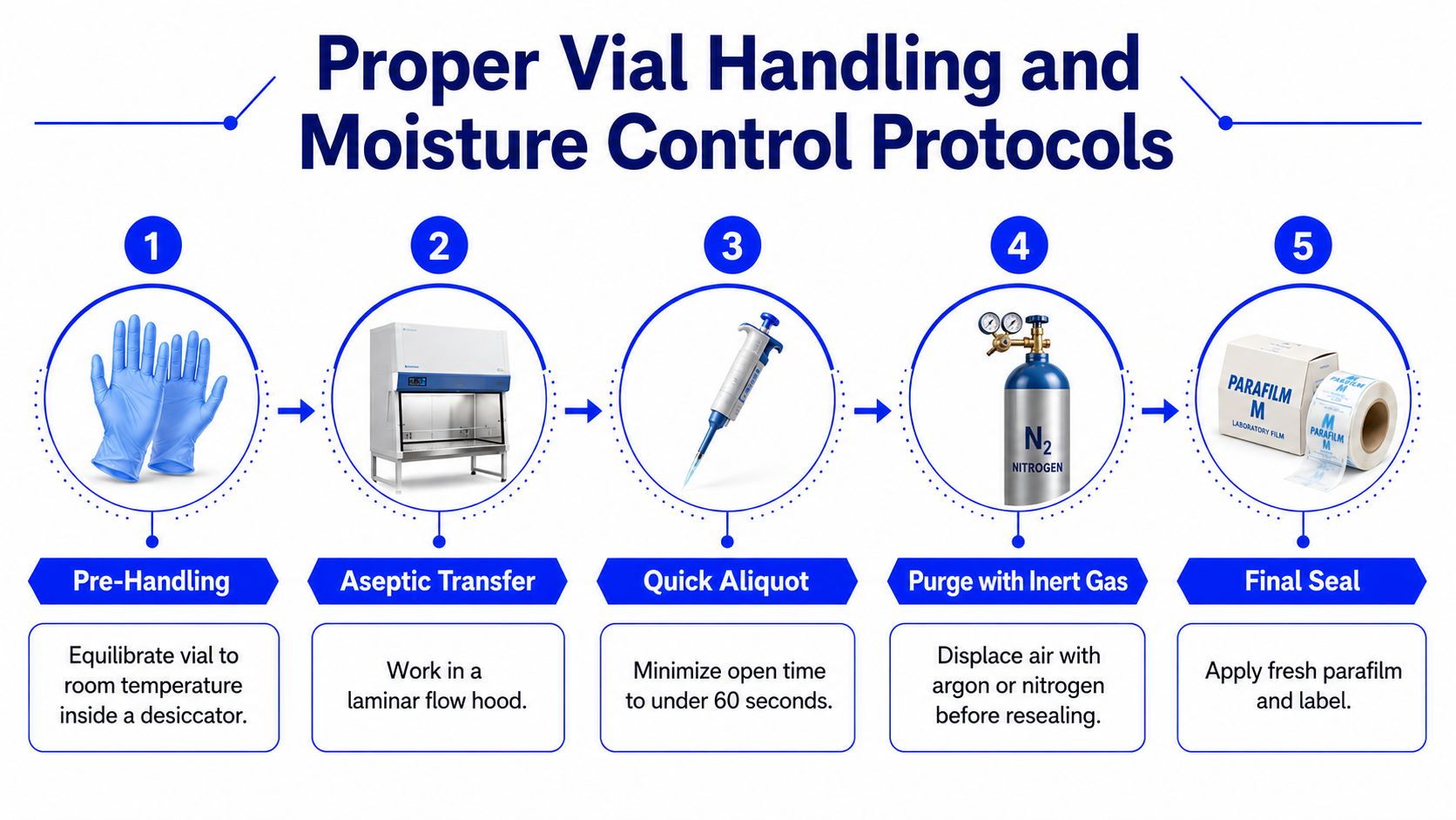 A five-step infographic detailing proper vial handling and moisture control protocols for laboratory safety and peptide preservation.