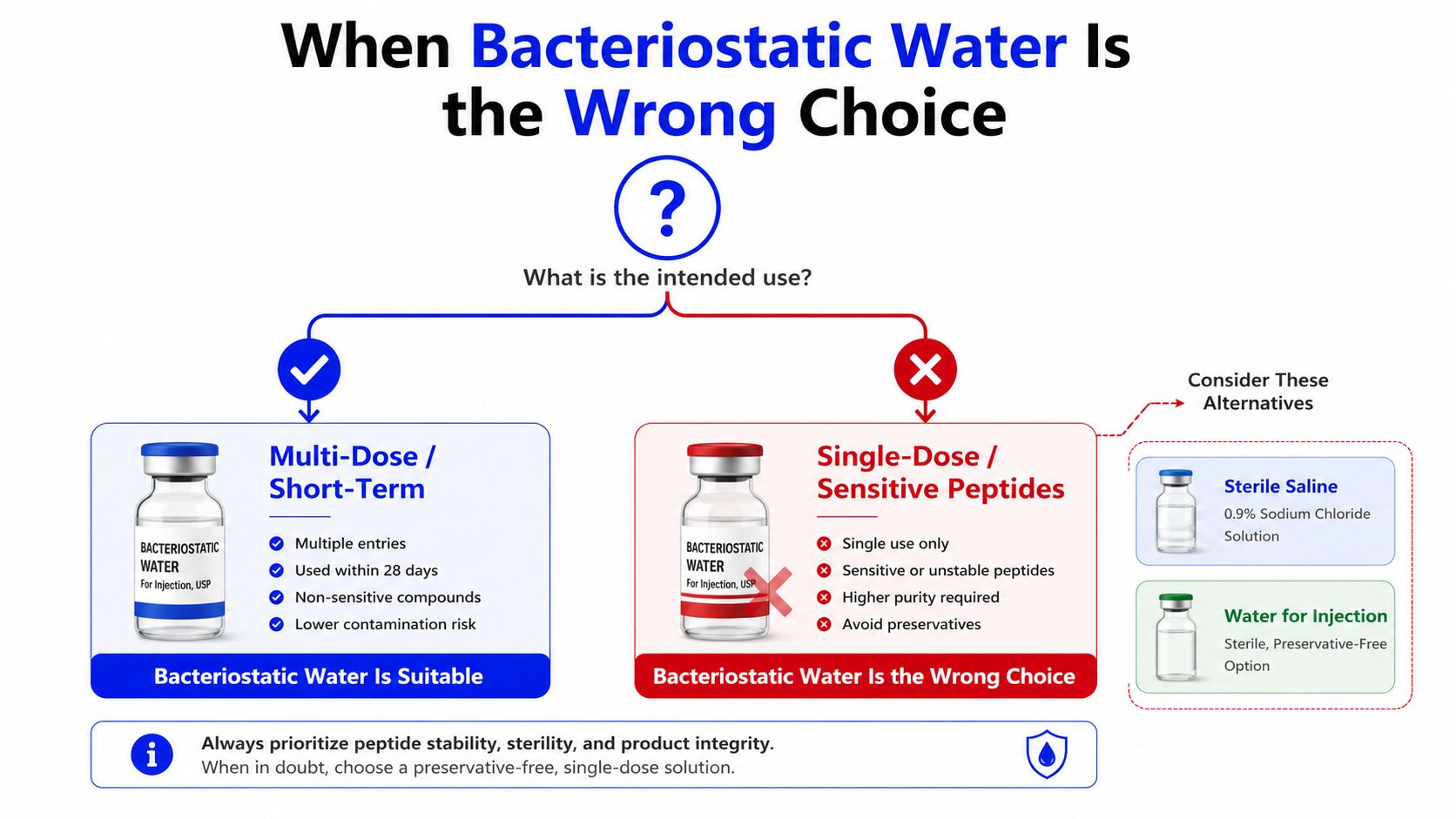 A decision chart showing when to use or avoid bacteriostatic water for mixing injectable peptides safely.