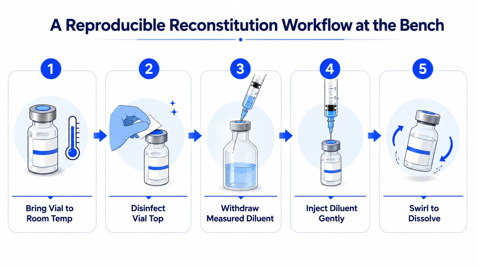 A five-step infographic showing the reproducible workflow for reconstituting medication vials at a laboratory bench.