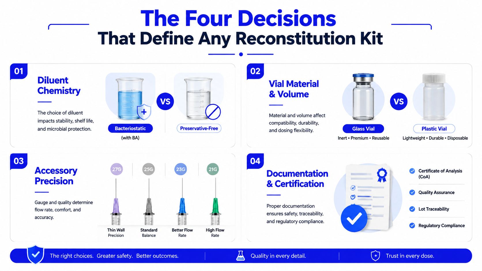 An infographic detailing the four key decisions needed when selecting a medical reconstitution kit for peptides.