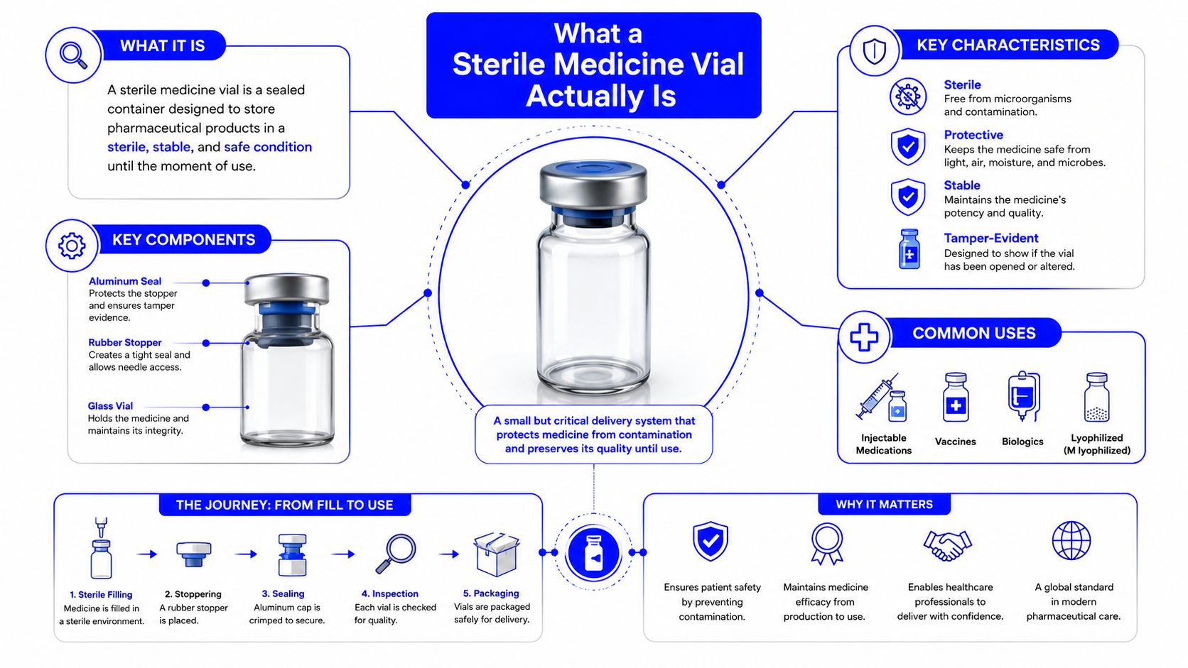 An infographic detailing the components, characteristics, common uses, and production process of sterile medicine vials.