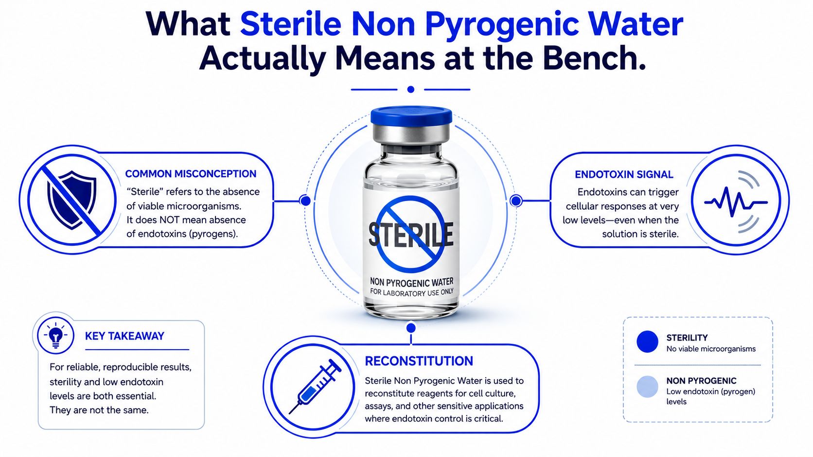 An infographic explaining that sterile non-pyrogenic water ensures both absence of microorganisms and low endotoxin levels.