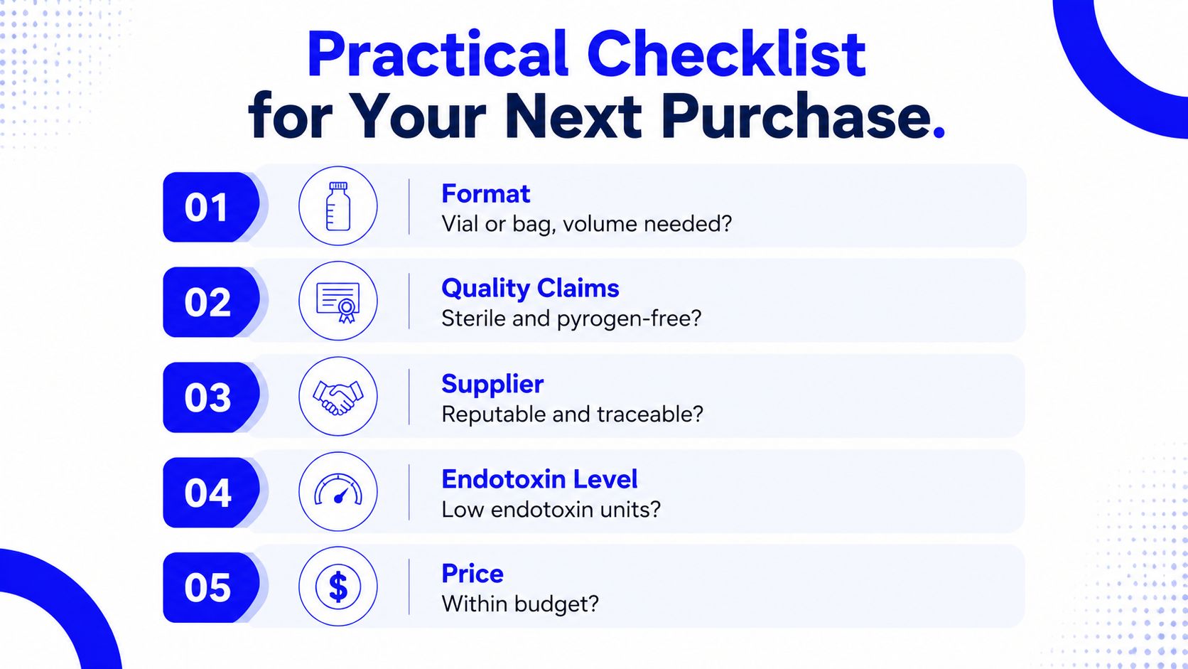 A checklist infographic titled Practical Checklist for Your Next Purchase, outlining five key criteria for buying laboratory materials.