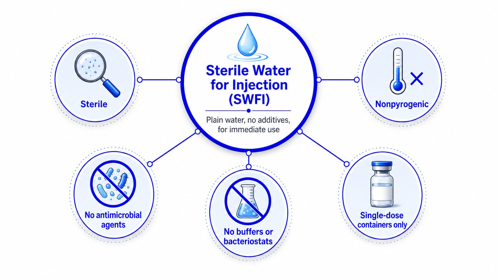 A diagram illustrating the key characteristics of Sterile Water for Injection, including its sterile, nonpyrogenic nature.