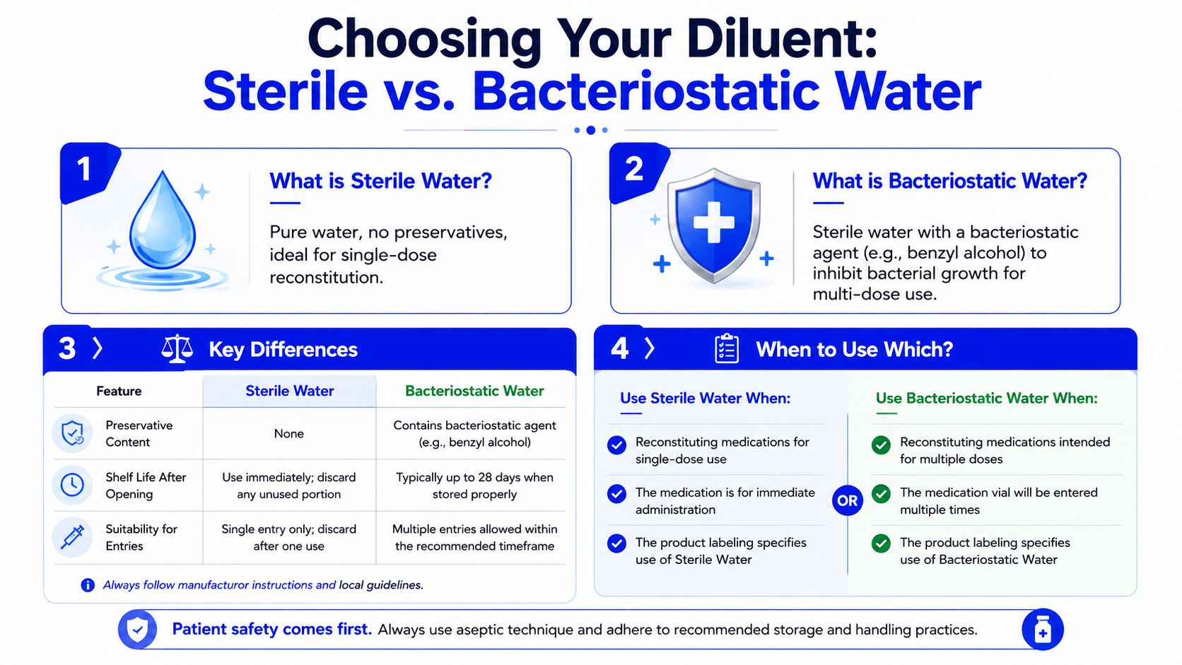 A comparison chart showing the differences between sterile water and bacteriostatic water for medication reconstitution.
