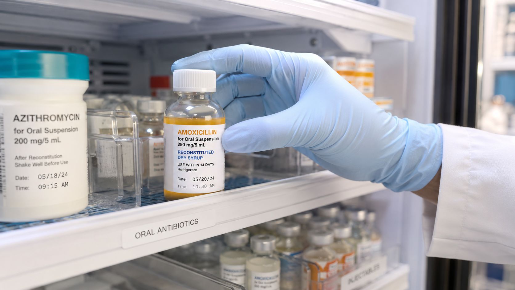 A pharmacist wearing blue gloves selects a bottle of reconstituted amoxicillin dry syrup from a refrigerator shelf.