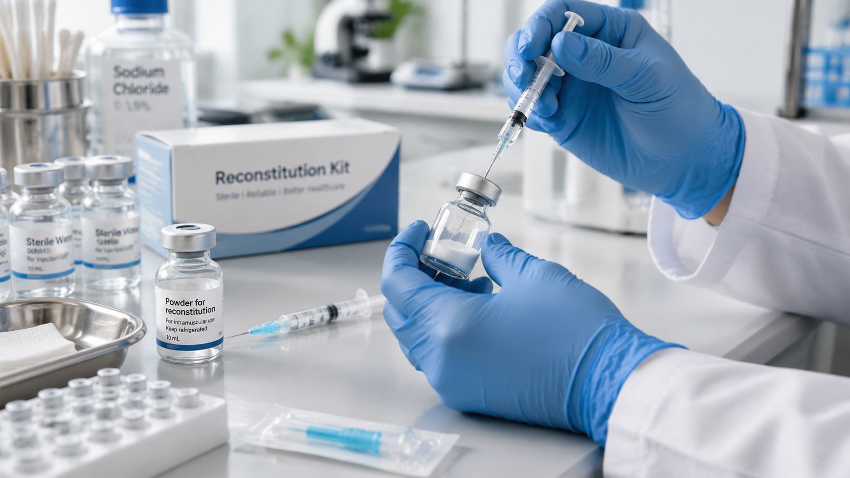 A scientist in a laboratory wearing blue gloves preparing medicine by injecting liquid into a powder vial.