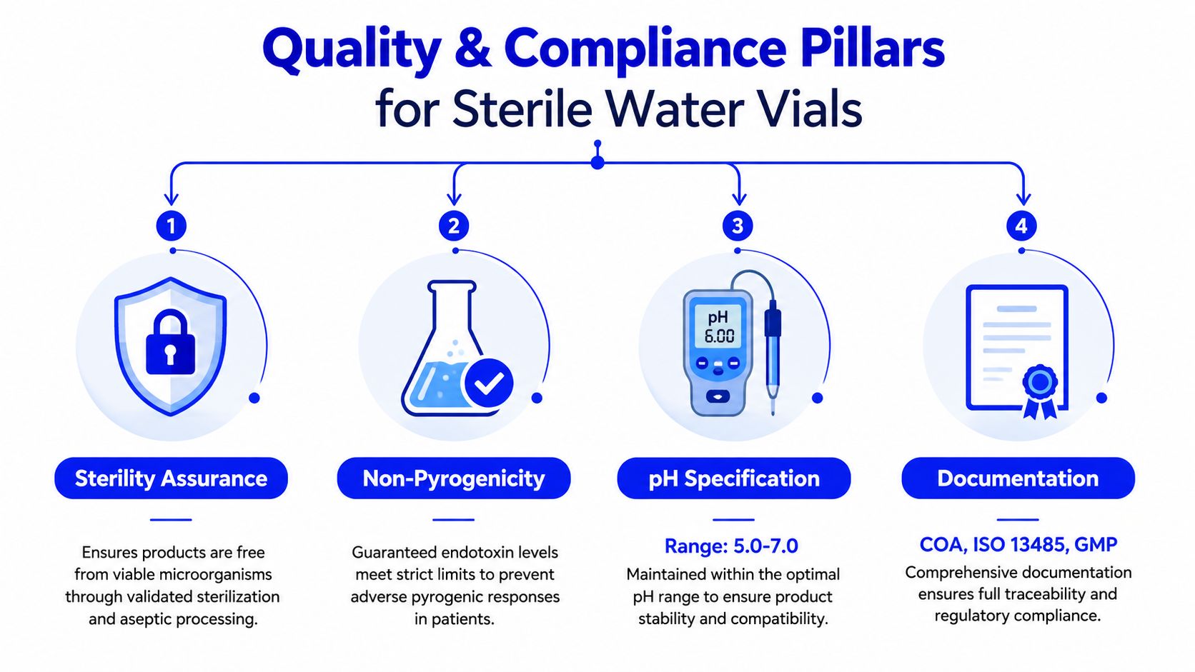 An infographic detailing the four key quality and compliance pillars for manufacturing sterile water vials.