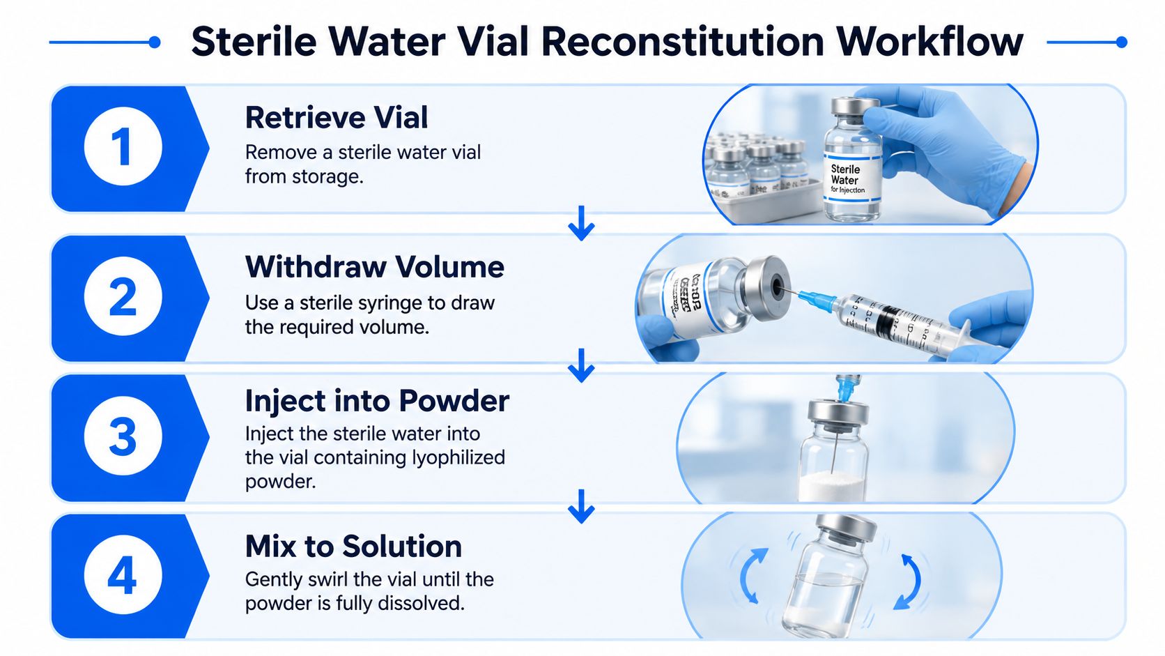 A four-step infographic illustrating the professional workflow for reconstituting medication using sterile water vials and syringes.