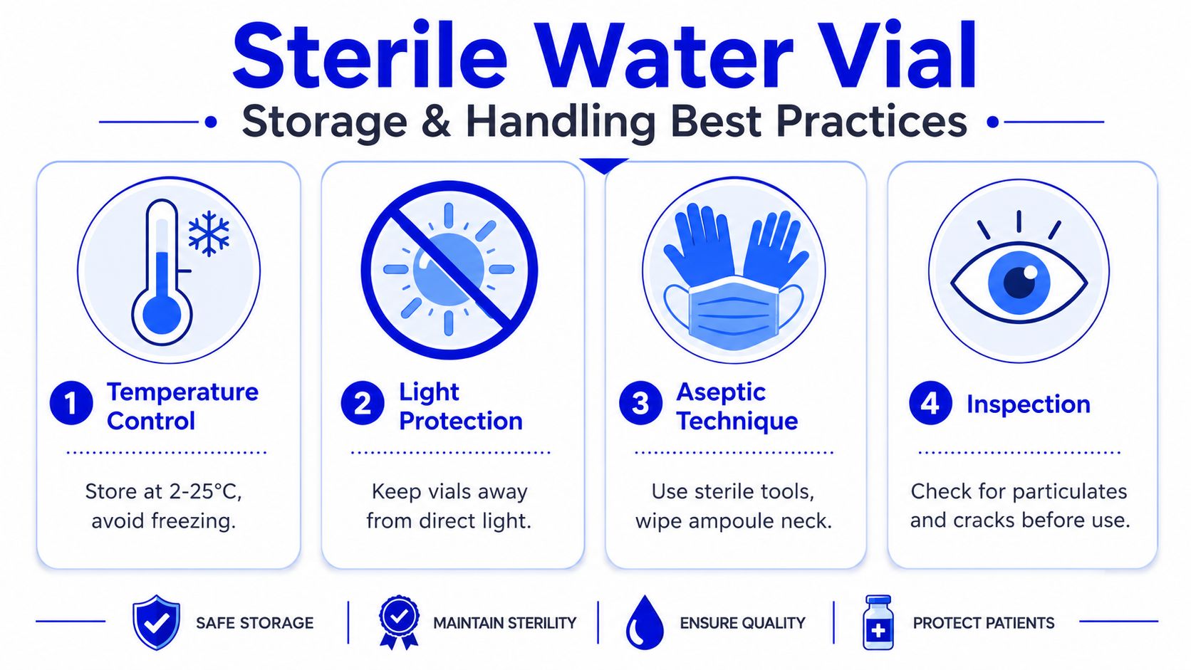 An infographic showing four best practices for storing and handling sterile water vials to ensure patient safety.