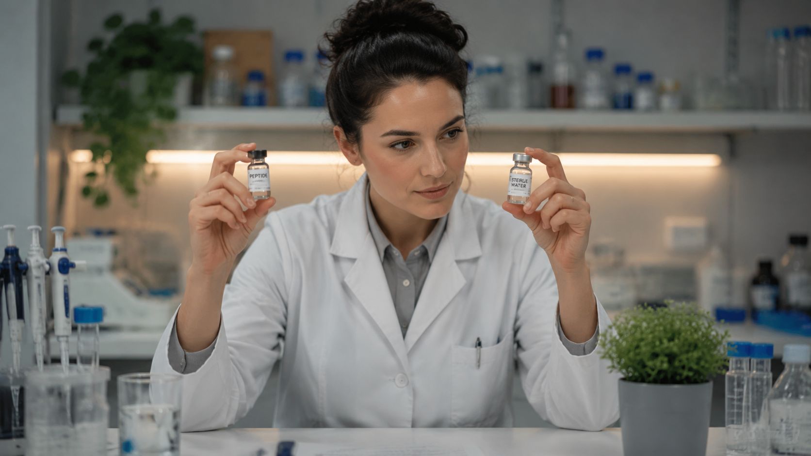 A female scientist in a laboratory holding a vial of peptide and a vial of sterile water.