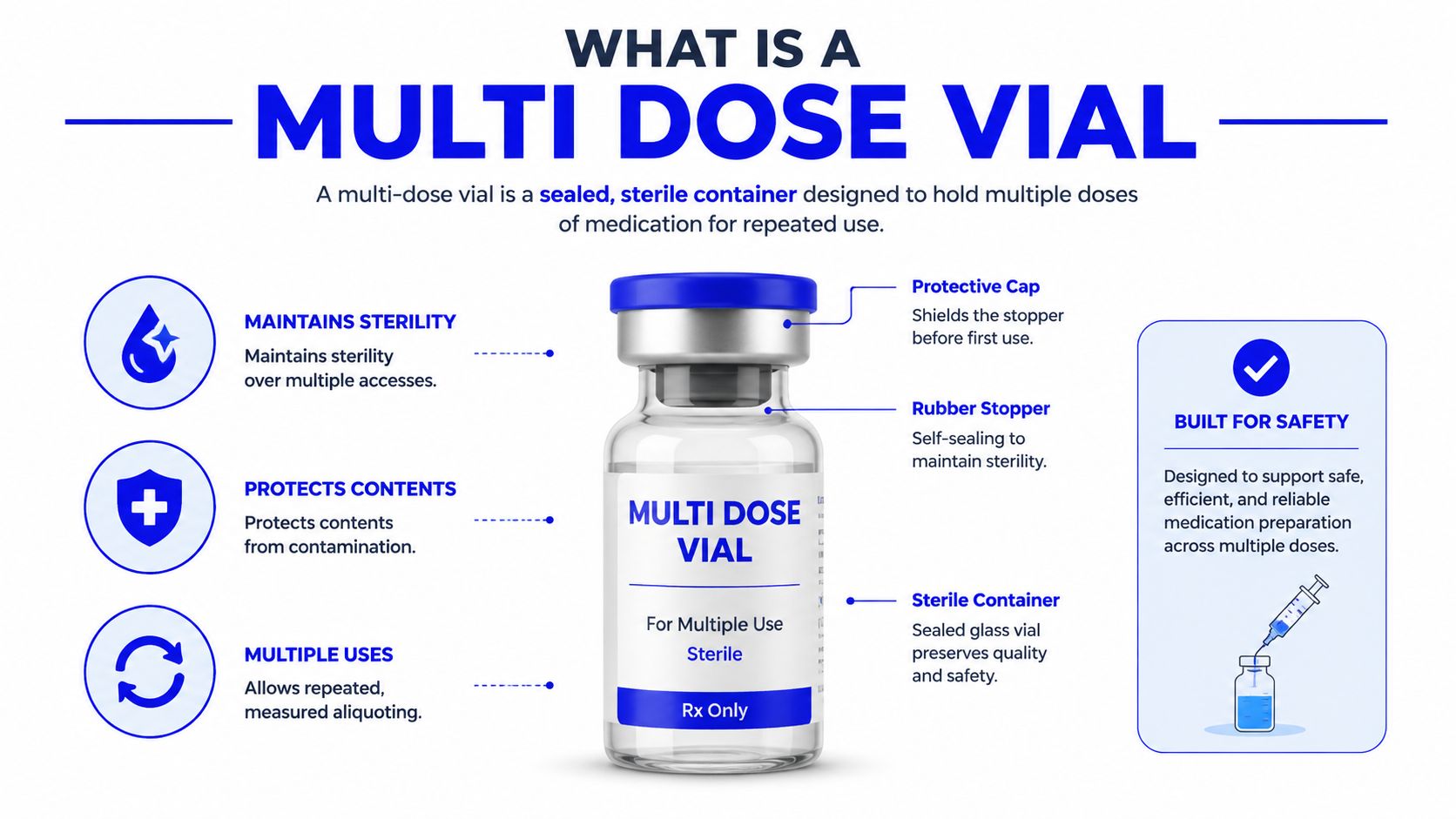 An infographic explaining that a multi-dose vial is a sterile container designed for repeated medication uses.