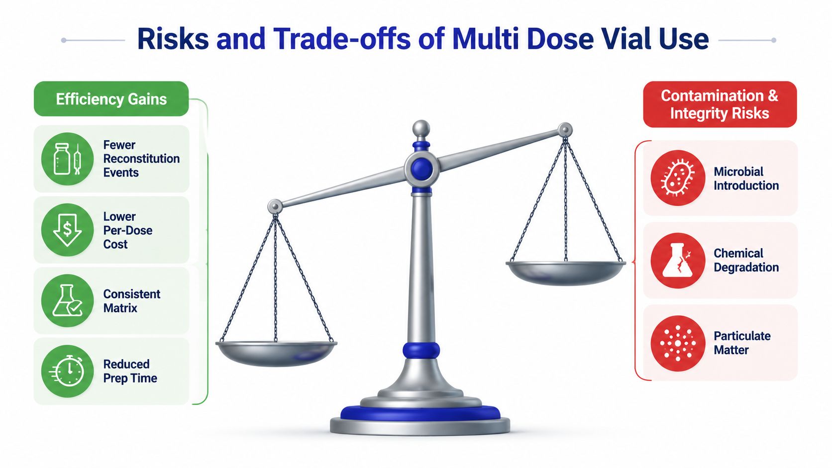 A balanced scale comparing the efficiency gains versus contamination and integrity risks of multi dose vials.