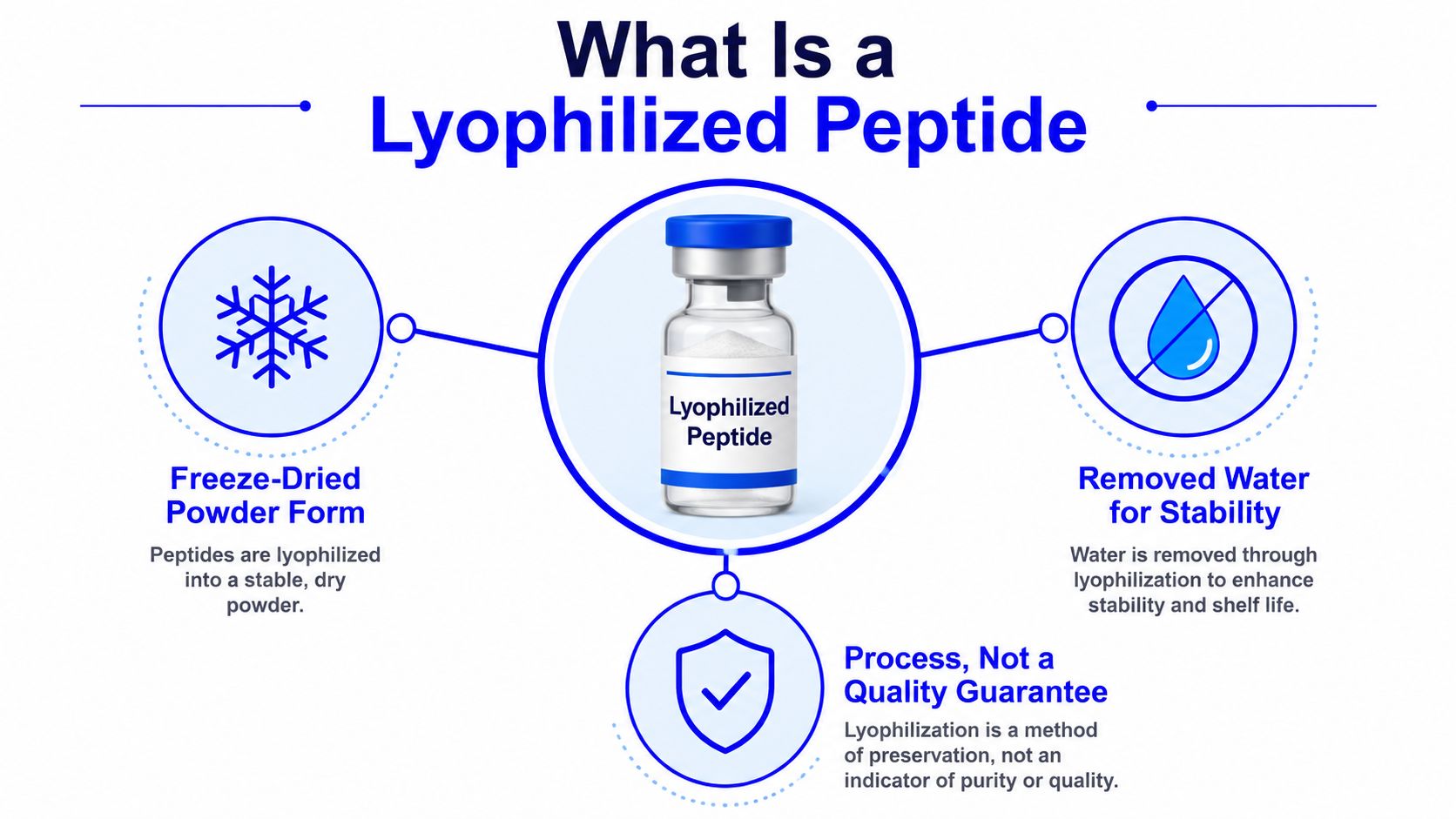 An infographic explaining that lyophilized peptides are freeze-dried powders with water removed for increased stability and shelf life.