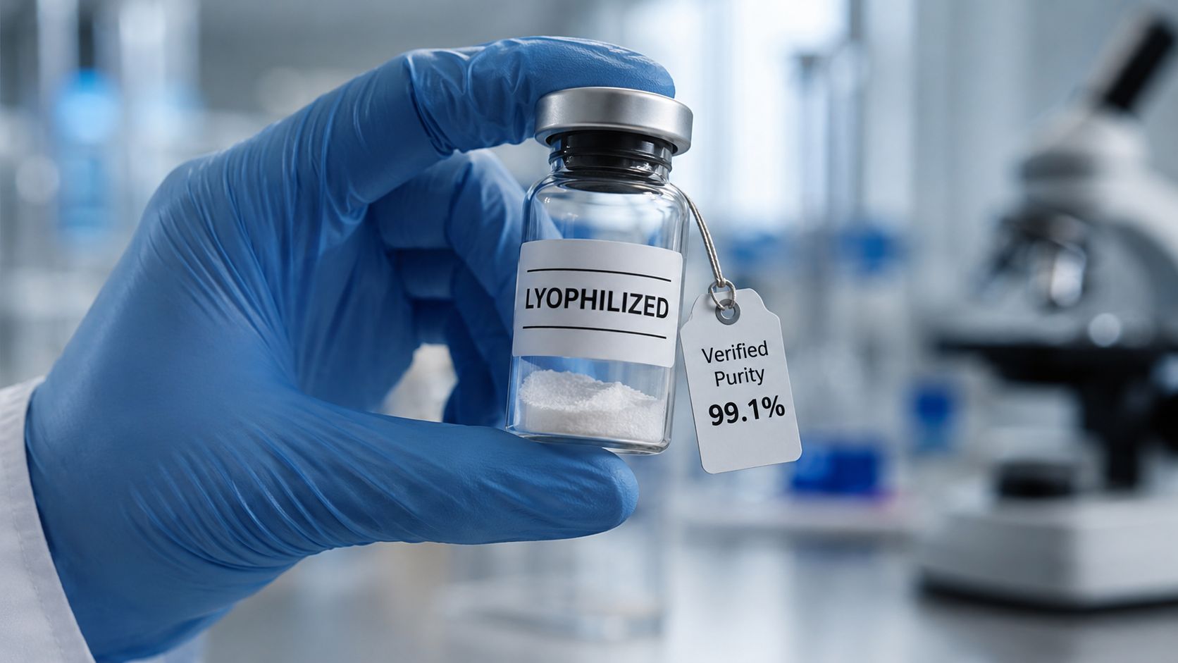 A scientist wearing blue gloves holding a glass vial of lyophilized white powder with a purity label.
