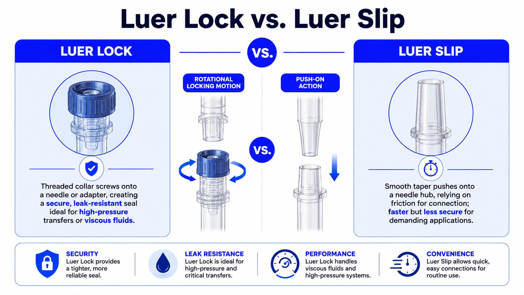A diagram comparing the design and functionality differences between Luer Lock and Luer Slip medical needle connectors.
