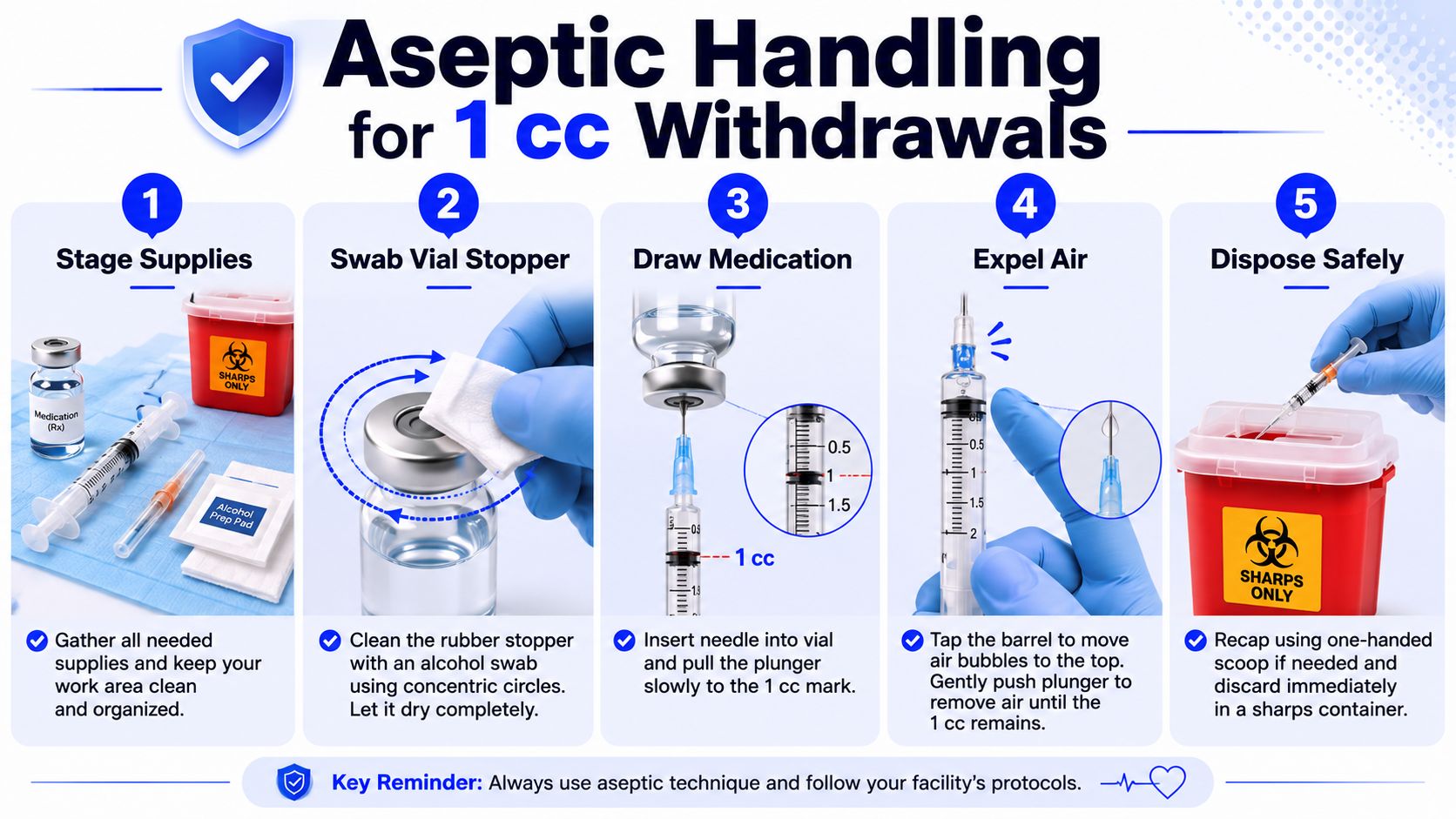 An infographic showing five steps for the aseptic handling and safe use of 1 cc syringes.