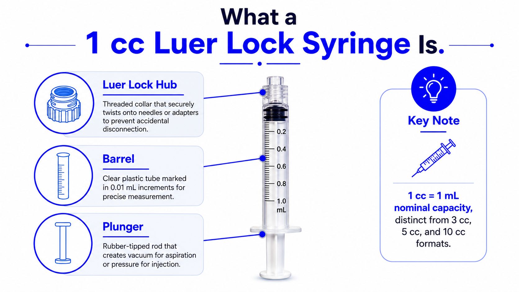 An infographic illustrating the parts of a 1 cc luer lock syringe, including the hub, barrel, and plunger.