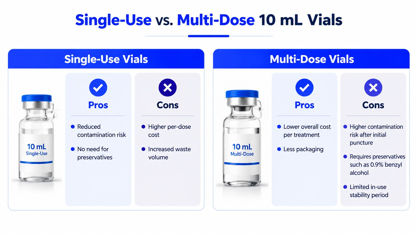 A comparison chart showing pros and cons of single-use versus multi-dose 10 ml medical vials.