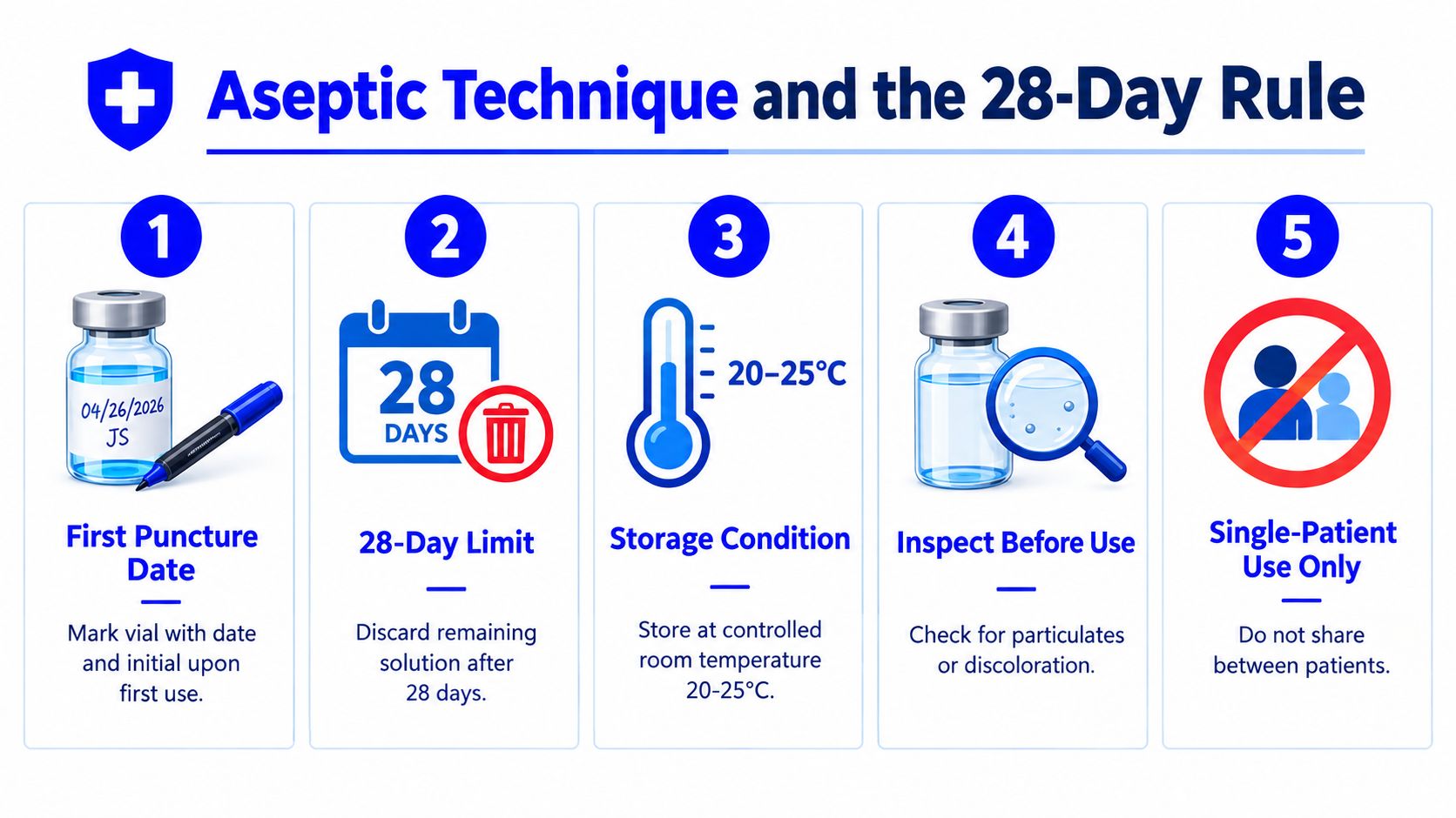 An infographic illustrating five steps for aseptic technique and the 28-day rule for using medication vials.