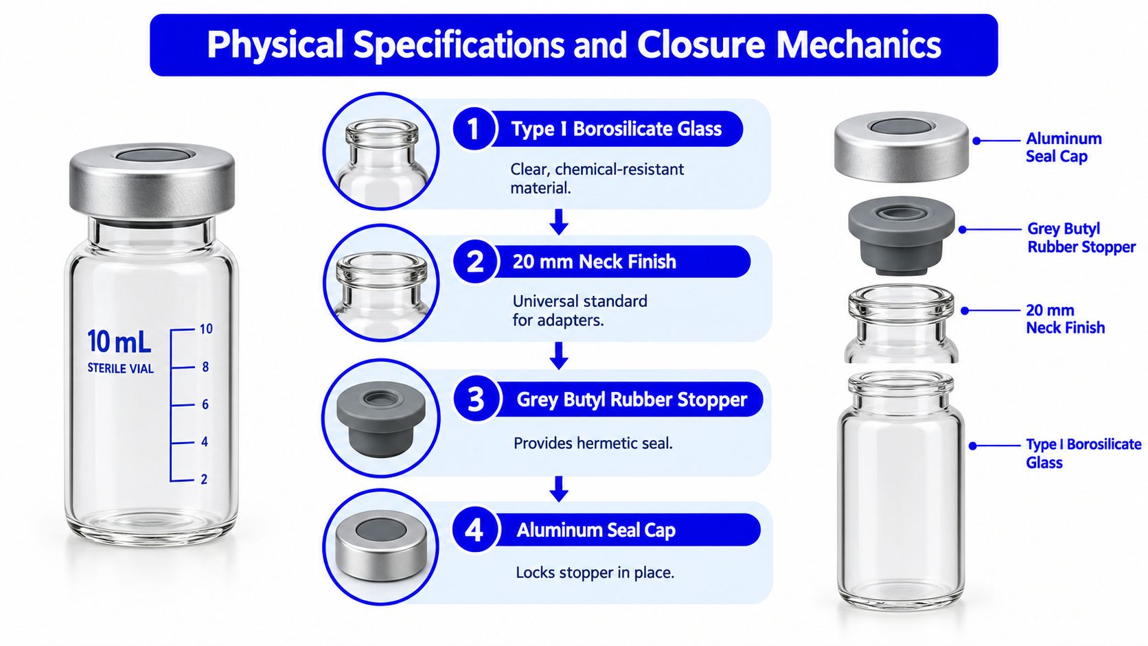 A diagram illustrating the physical specifications and assembly components of a 10 mL sterile vial for medical use.