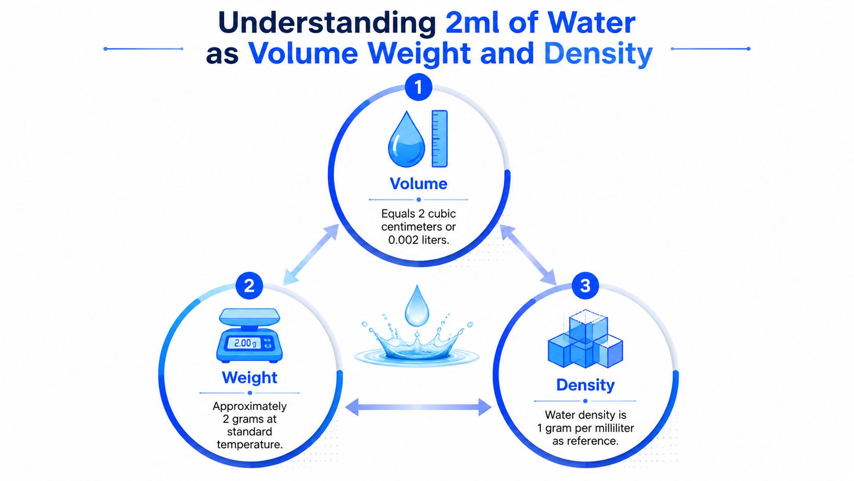 A diagram explaining that 2ml of water has a volume of 2 cubic centimeters and weighs 2 grams.