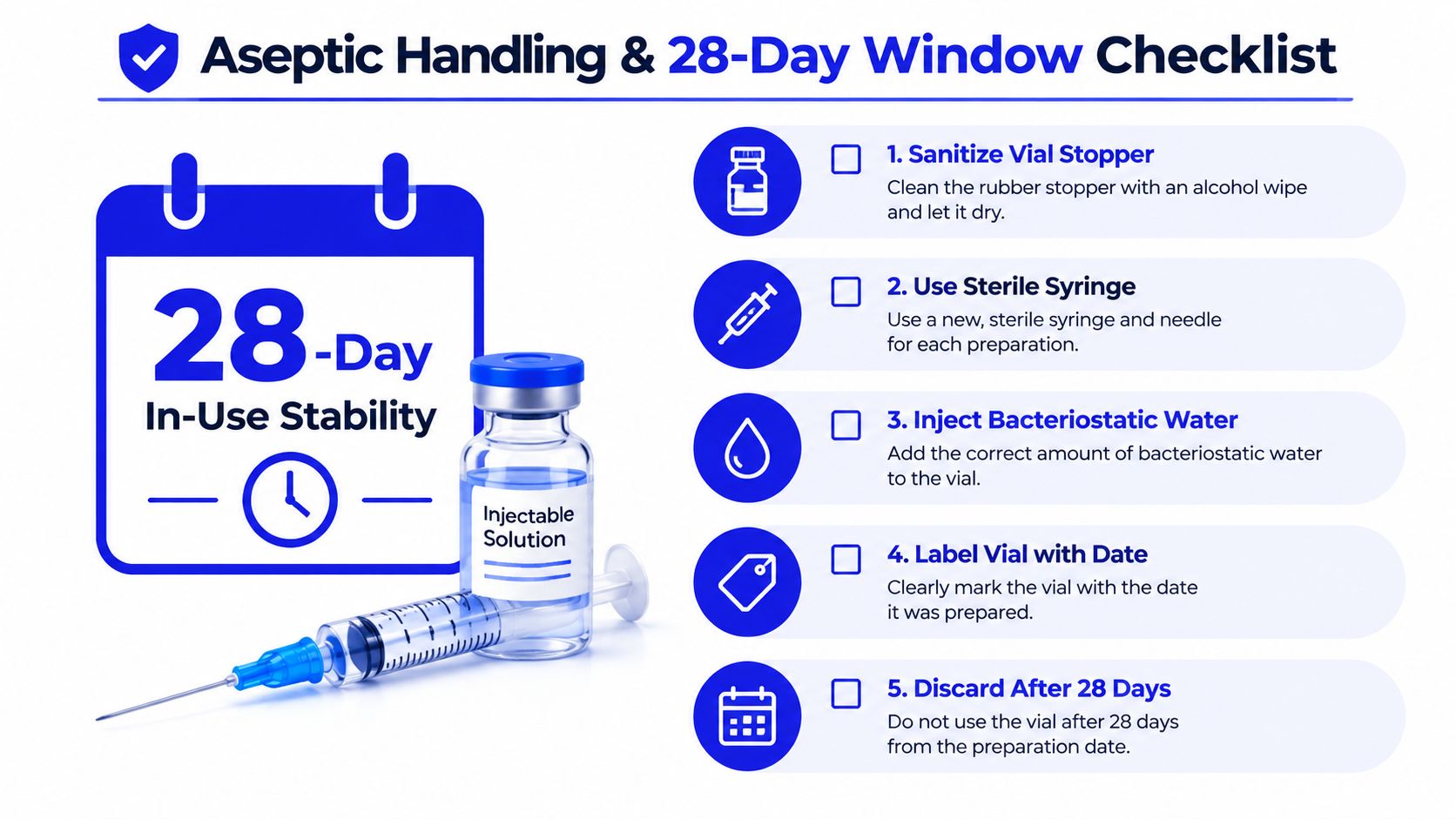 An infographic checklist showing the steps for aseptic handling and maintaining 28-day in-use stability for injectable vials.
