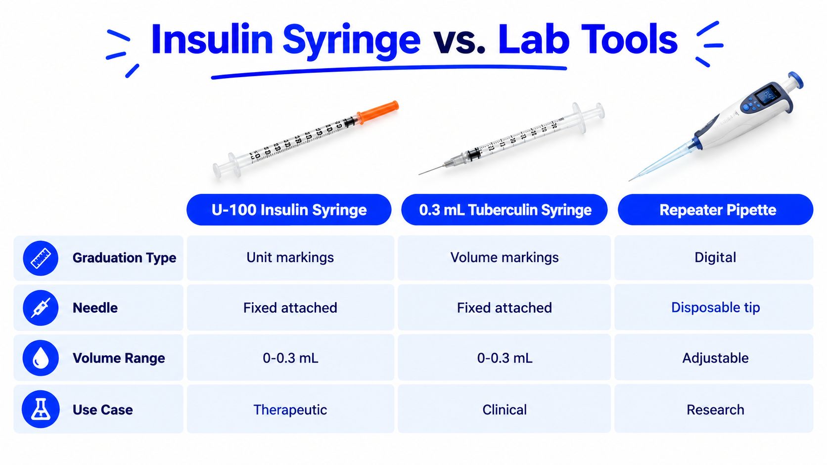 A comparison chart showing U-100 insulin syringes, 0.3 mL tuberculin syringes, and lab repeater pipettes with their specifications.
