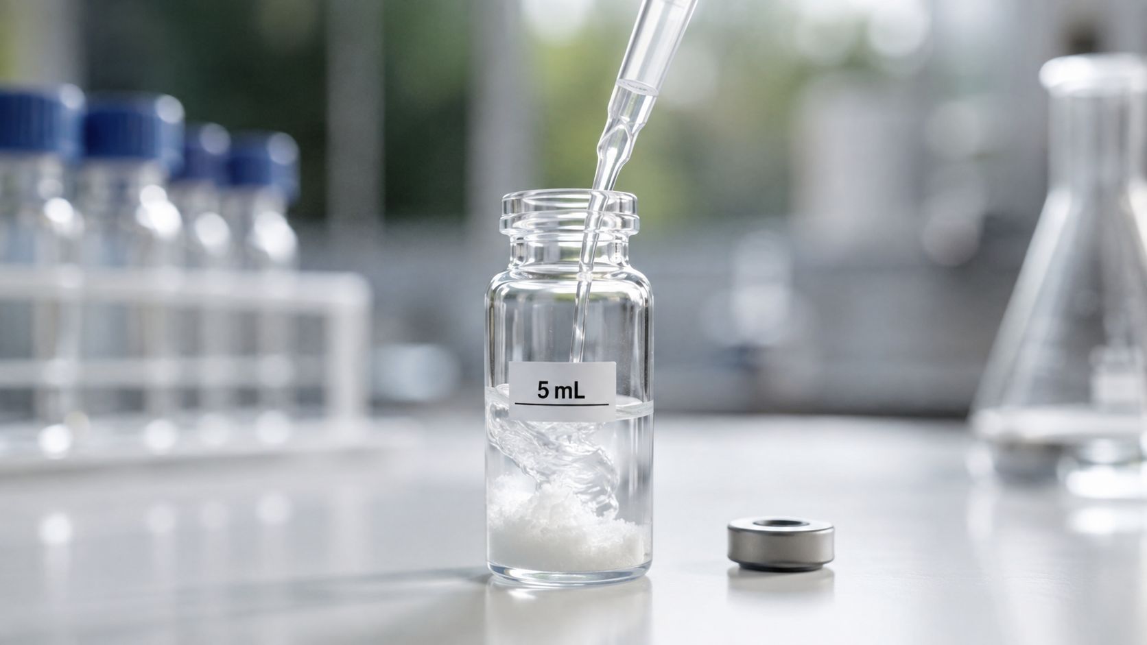 A laboratory technician uses a glass pipette to add liquid to a 5mL sterile vial containing powder.