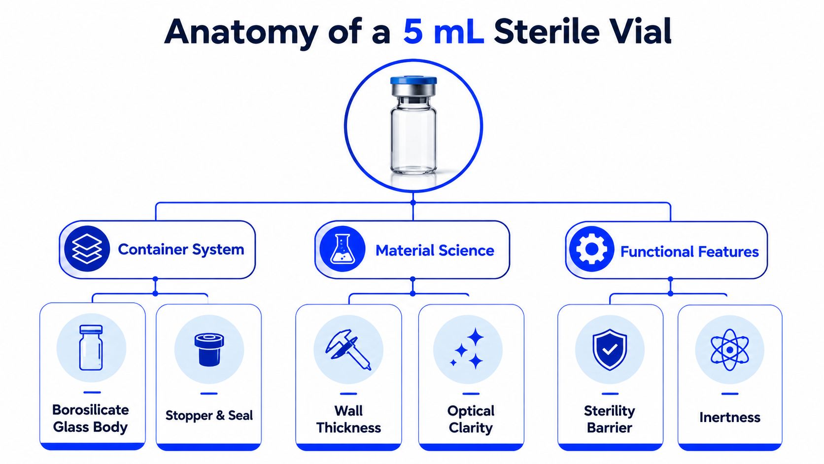A diagram outlining the structural and functional components of a 5 mL sterile pharmaceutical glass vial.