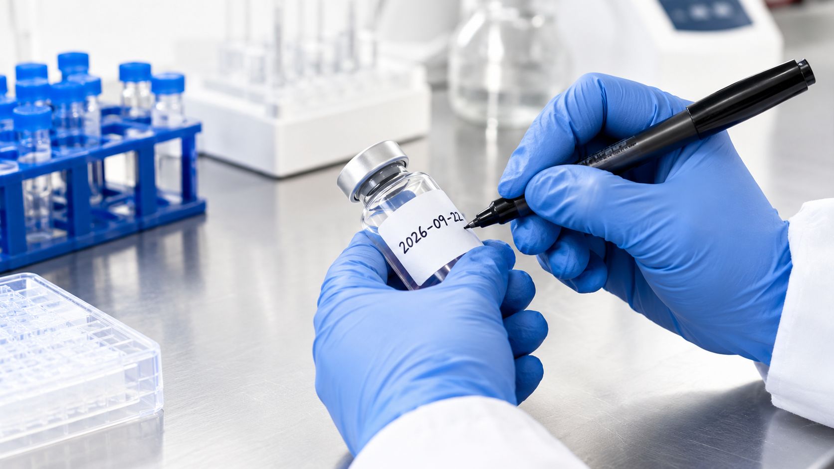 A scientist in a lab carefully labels a small glass vial with the date to track its shelf life.