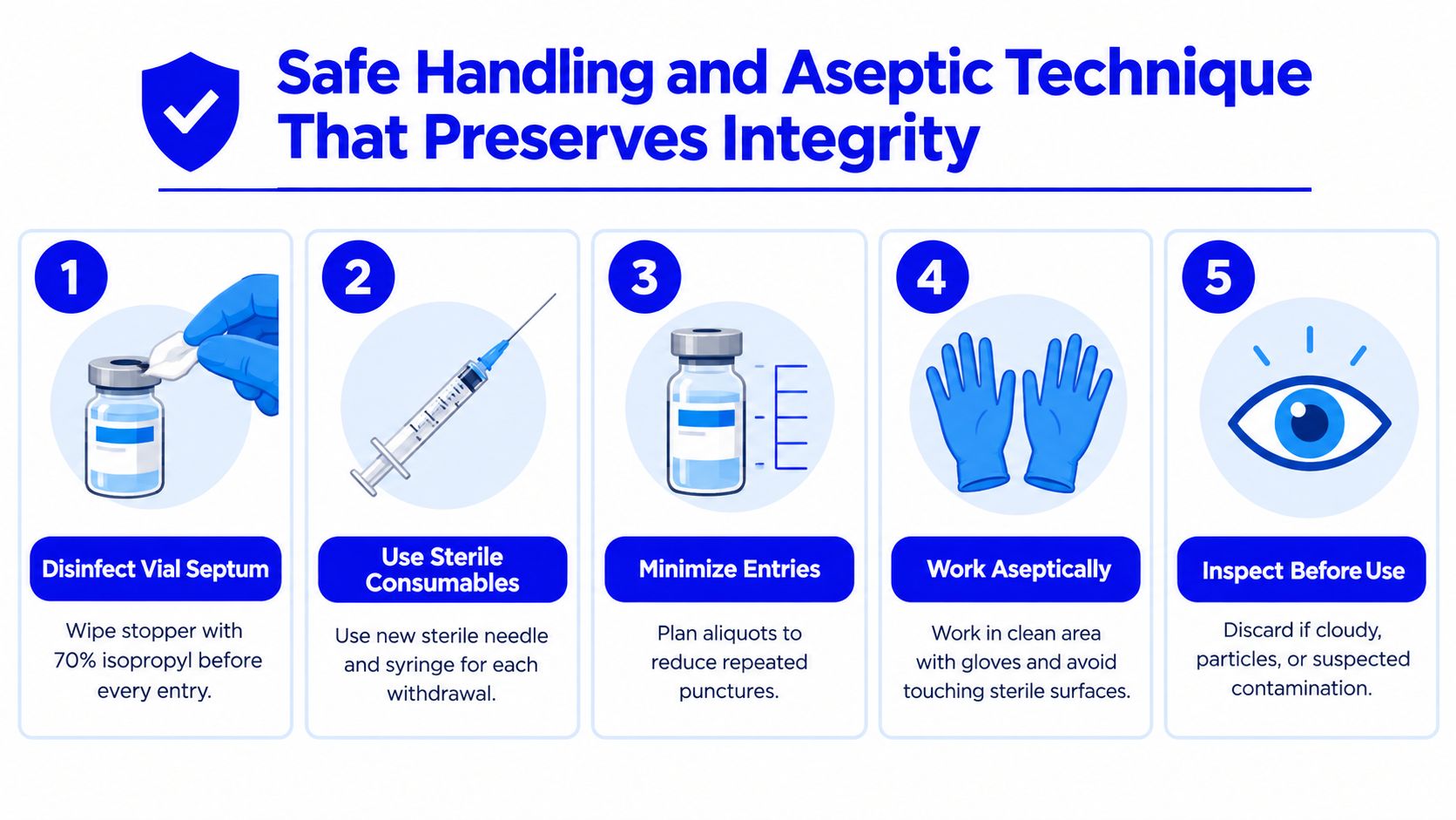 An infographic showing five essential steps for safe handling and aseptic techniques when using medical vials and syringes.