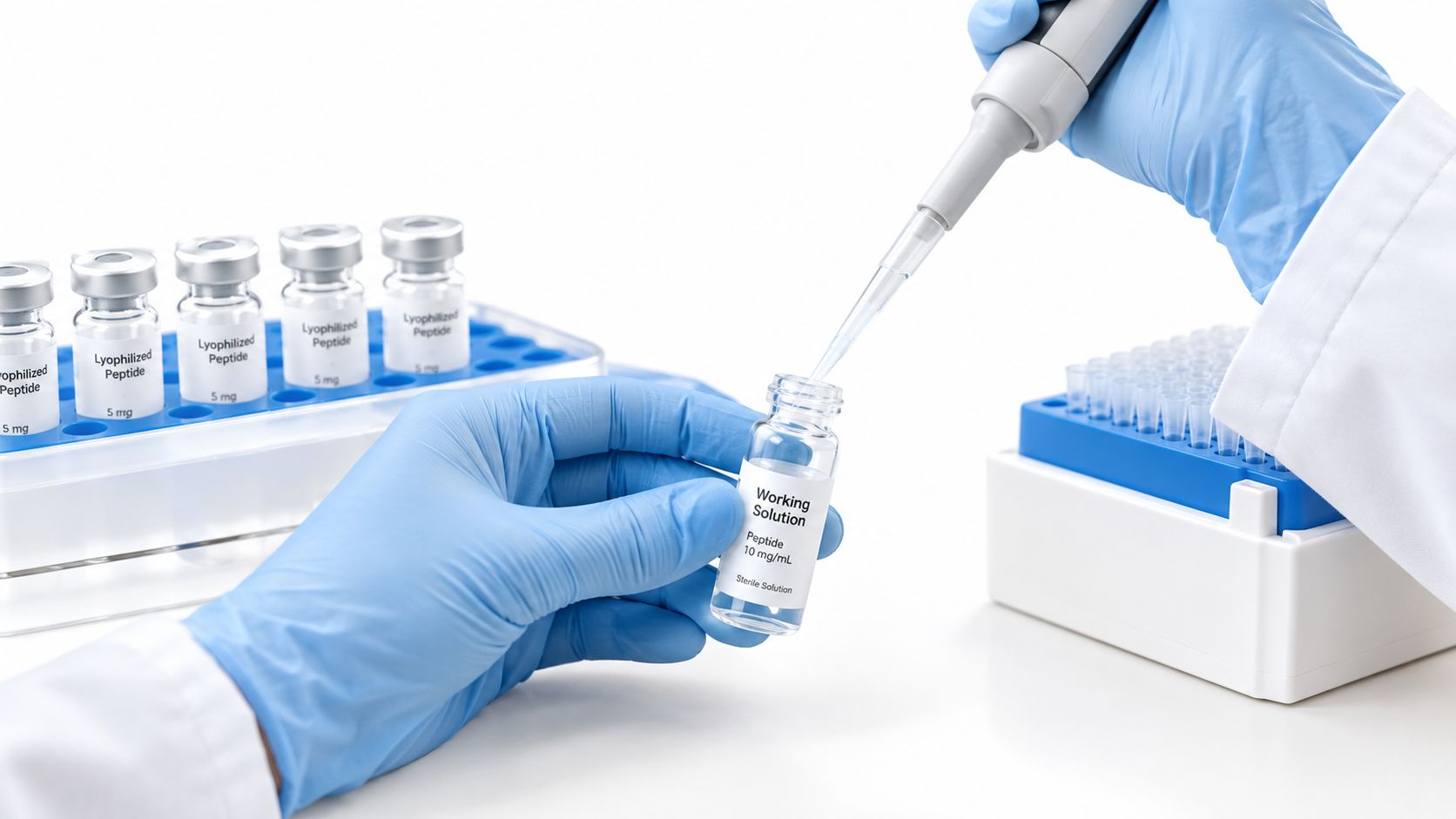 A scientist wearing blue gloves uses a pipette to fill a vial labeled working solution with liquid.