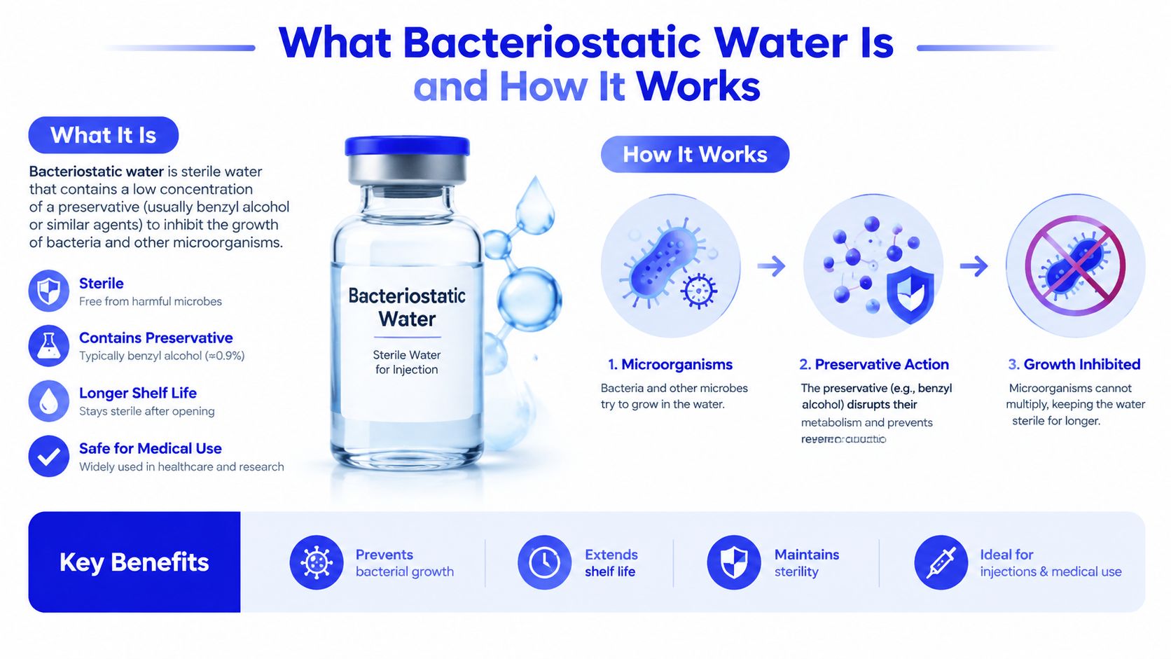 An infographic explaining what bacteriostatic water is, how it works to inhibit bacterial growth, and its key benefits.