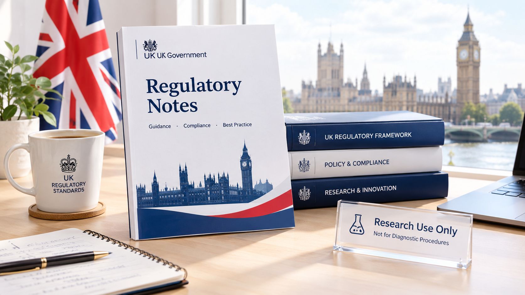 A professional desk setup featuring UK government regulatory documents, a notepad, and a research use only sign.
