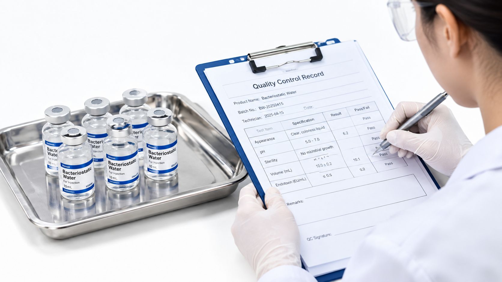 A lab technician in sterile gloves documenting quality control results with vials of bacteriostatic water on a tray.