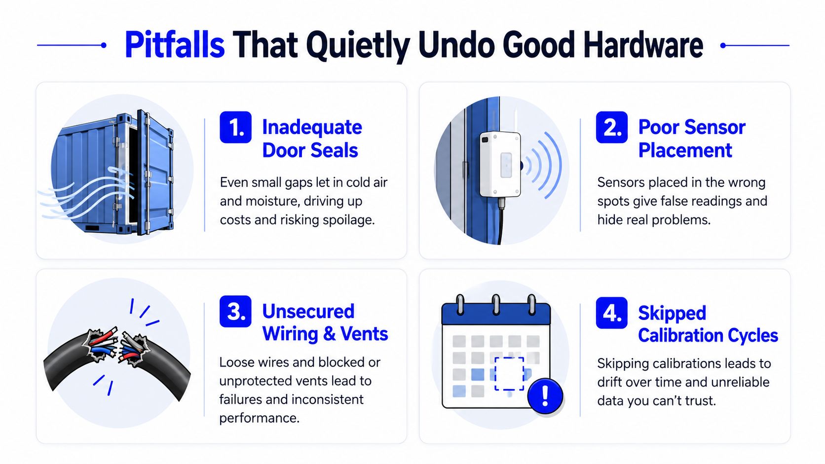 An infographic showing four common pitfalls that can negatively impact hardware performance in shipping containers.