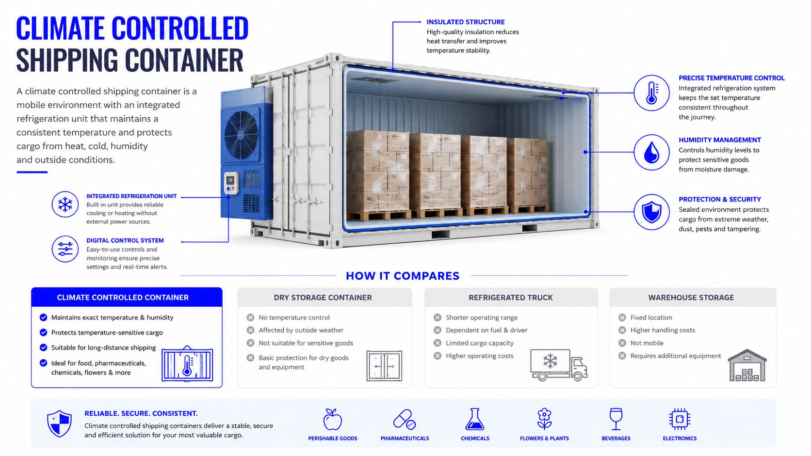 A diagram illustrating the components and benefits of a climate controlled shipping container for temperature-sensitive cargo.
