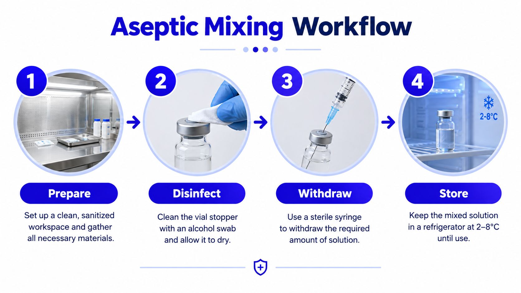 An infographic showing a four-step aseptic mixing workflow for handling medication vials in a sterile environment.