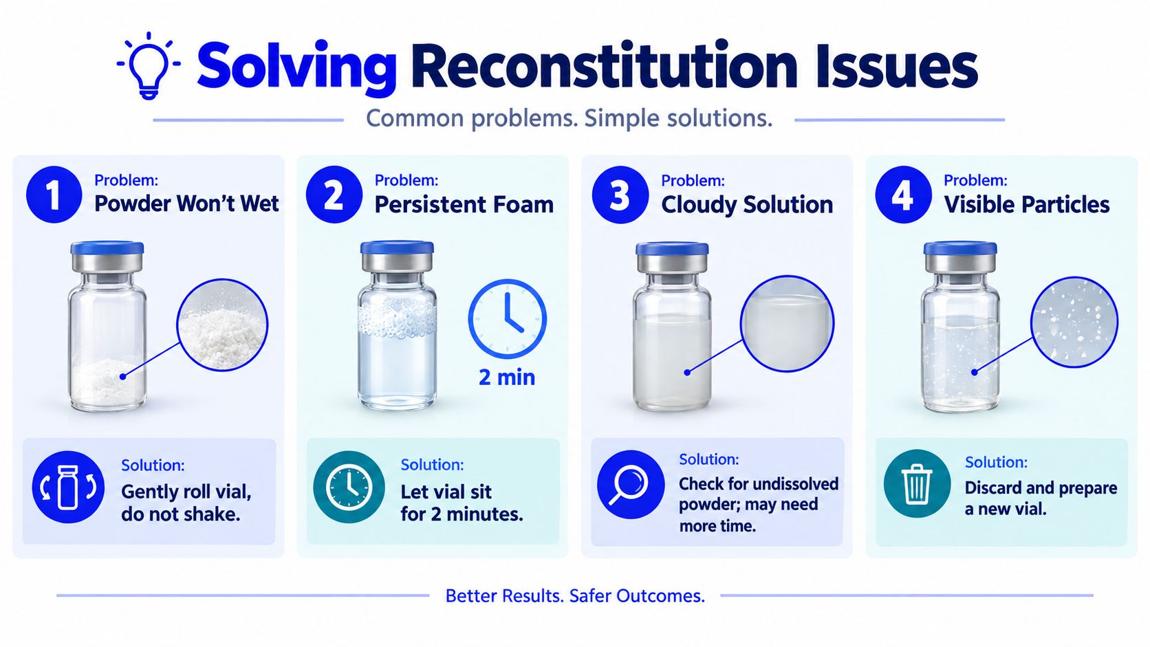 An educational infographic showing four common problems and their solutions when reconstituting pharmaceutical powder in a vial.