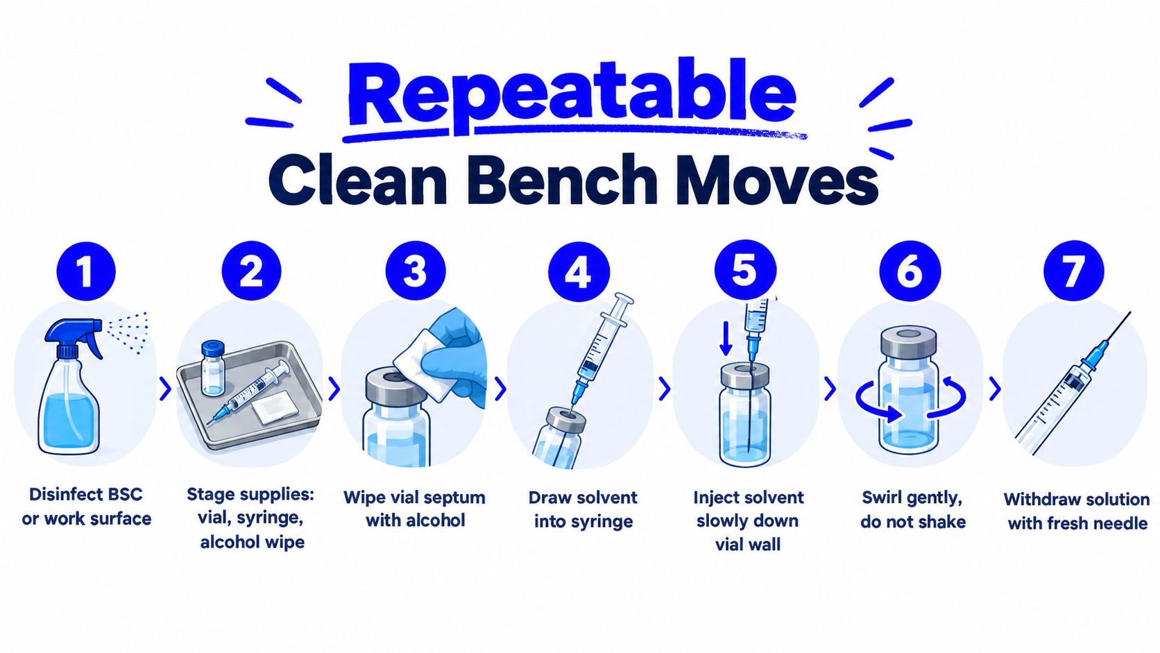 An infographic illustrating seven steps for properly handling and reconstituting substances in a clean bench laboratory environment.