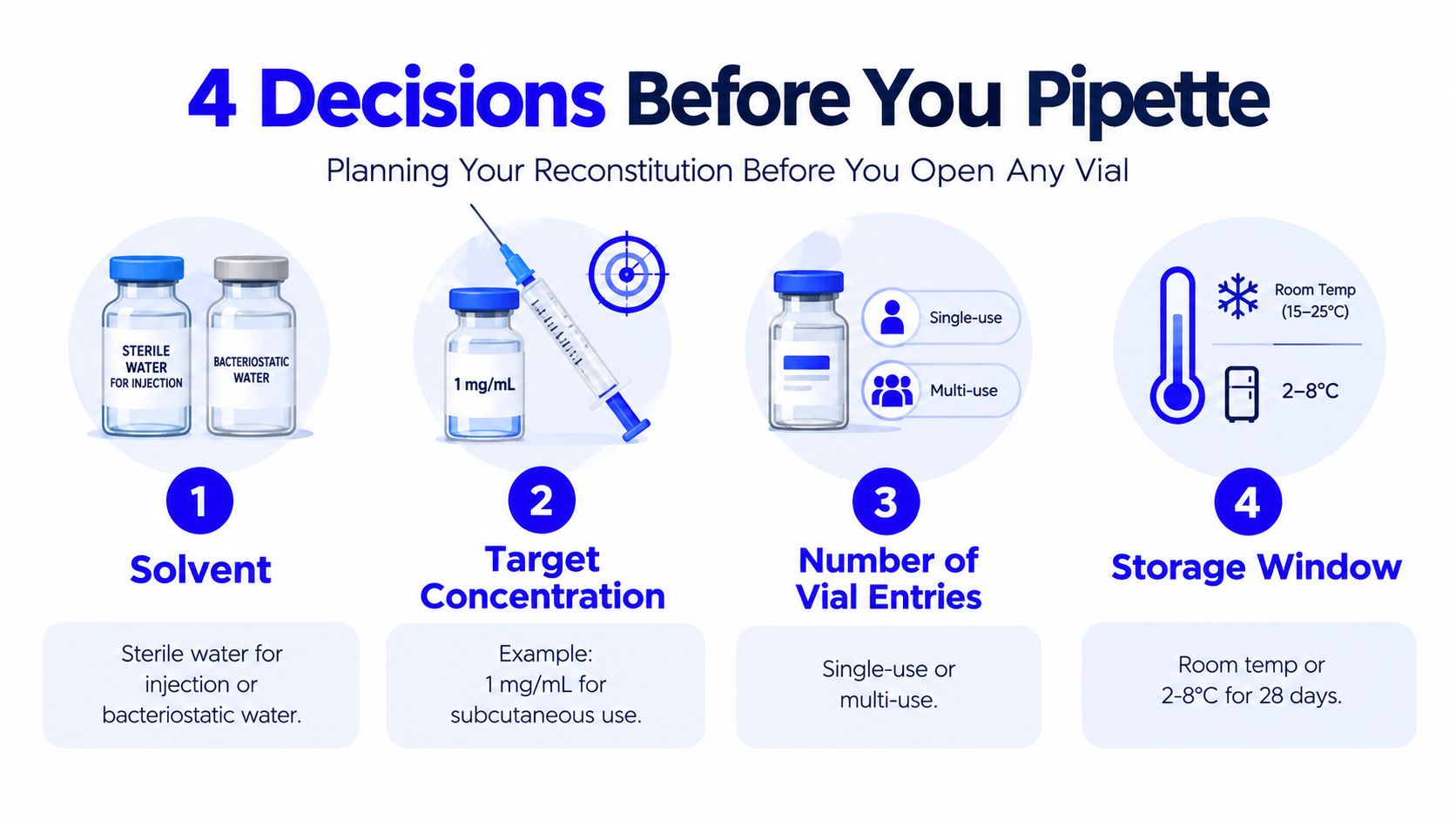 An infographic titled 4 Decisions Before You Pipette, illustrating steps for peptide reconstitution planning.