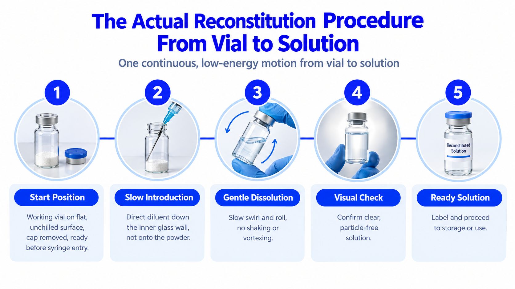 A five-step infographic showing the proper procedure for reconstituting medication from powder to a liquid solution.