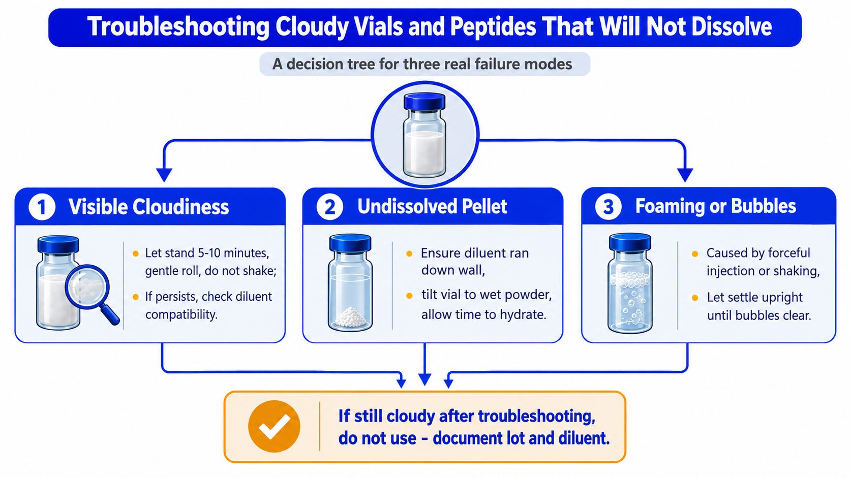 A decision tree infographic detailing troubleshooting steps for cloudy vials and peptides that will not dissolve properly.