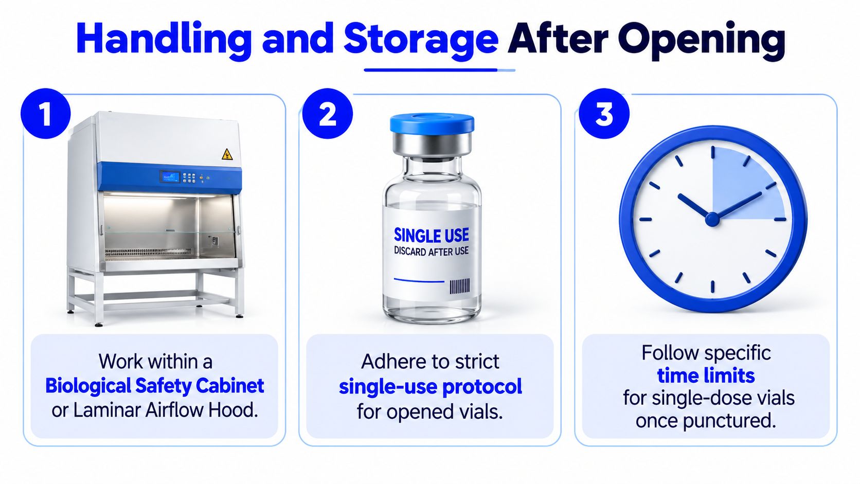 A safety infographic showing three steps for handling and storage of opened single-dose medical vials.