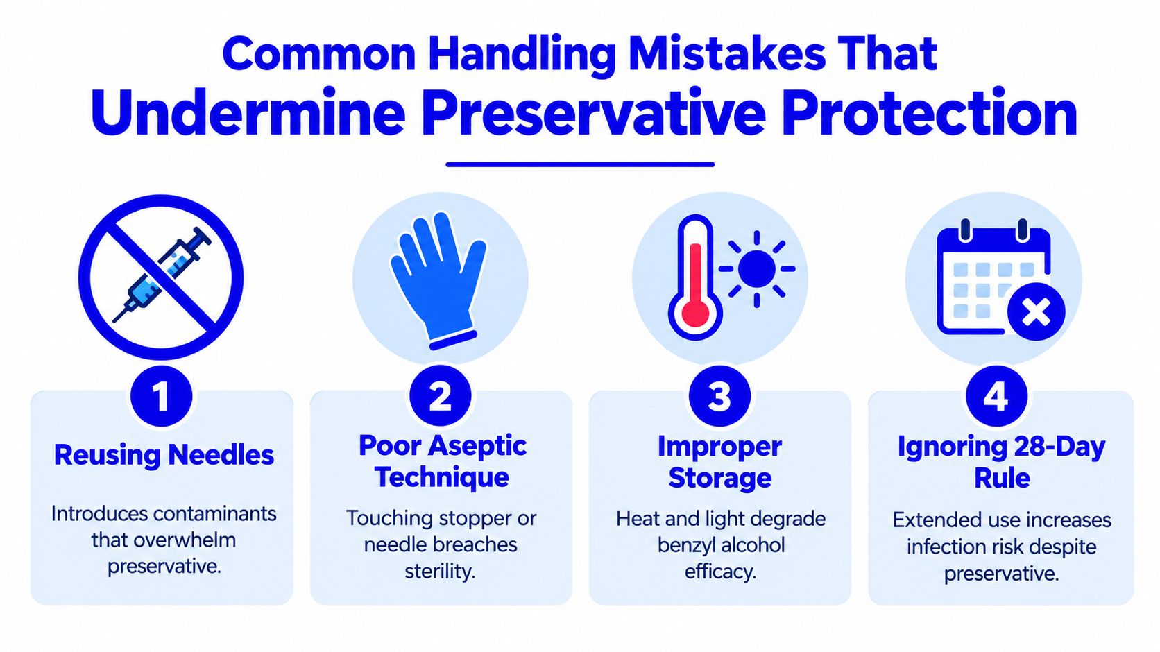 An infographic titled Common Handling Mistakes That Undermine Preservative Protection, illustrating four improper practices for handling bacteriostatic vials.