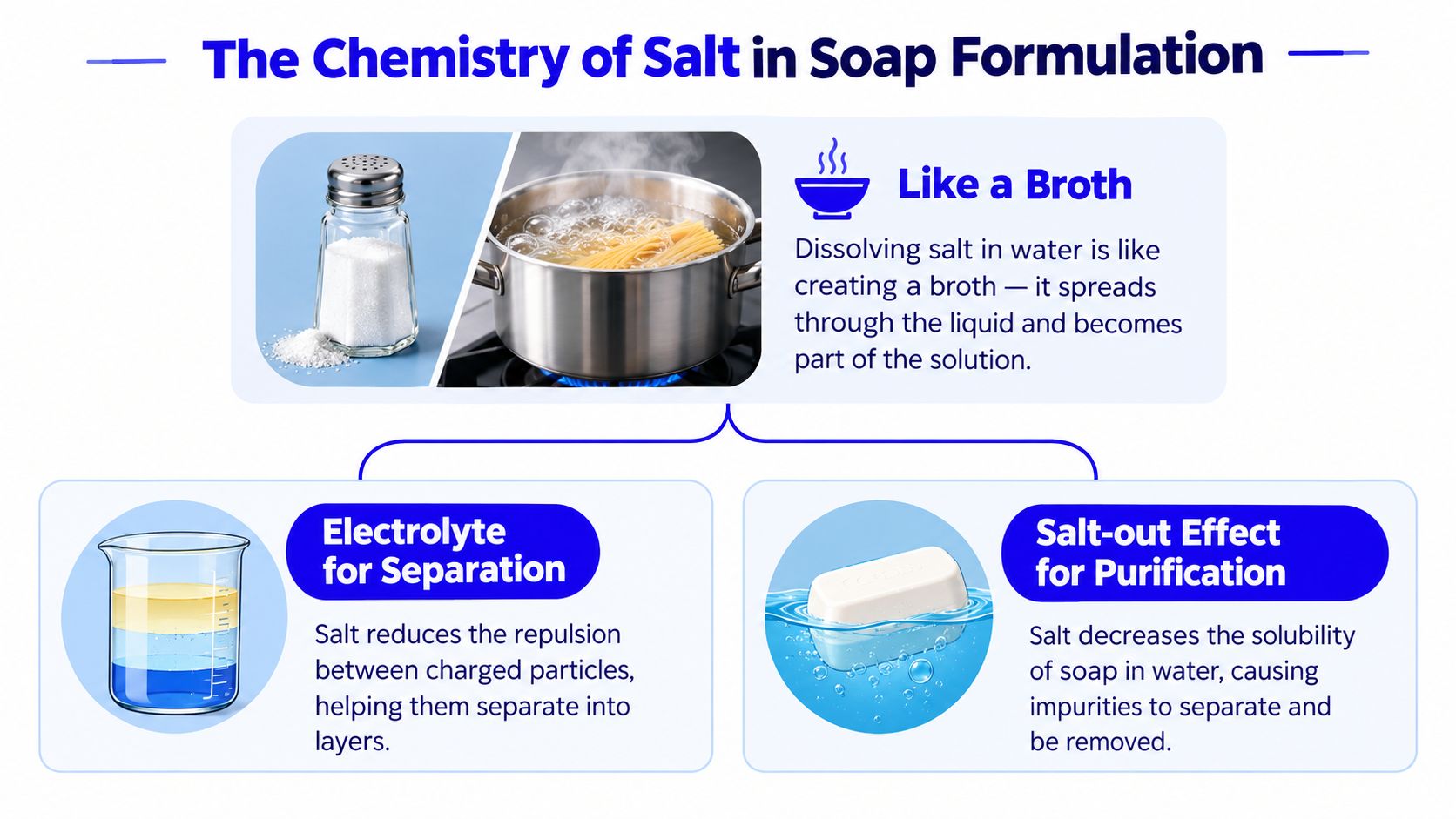An infographic titled The Chemistry of Salt in Soap Formulation explaining how salt aids in soap purification.