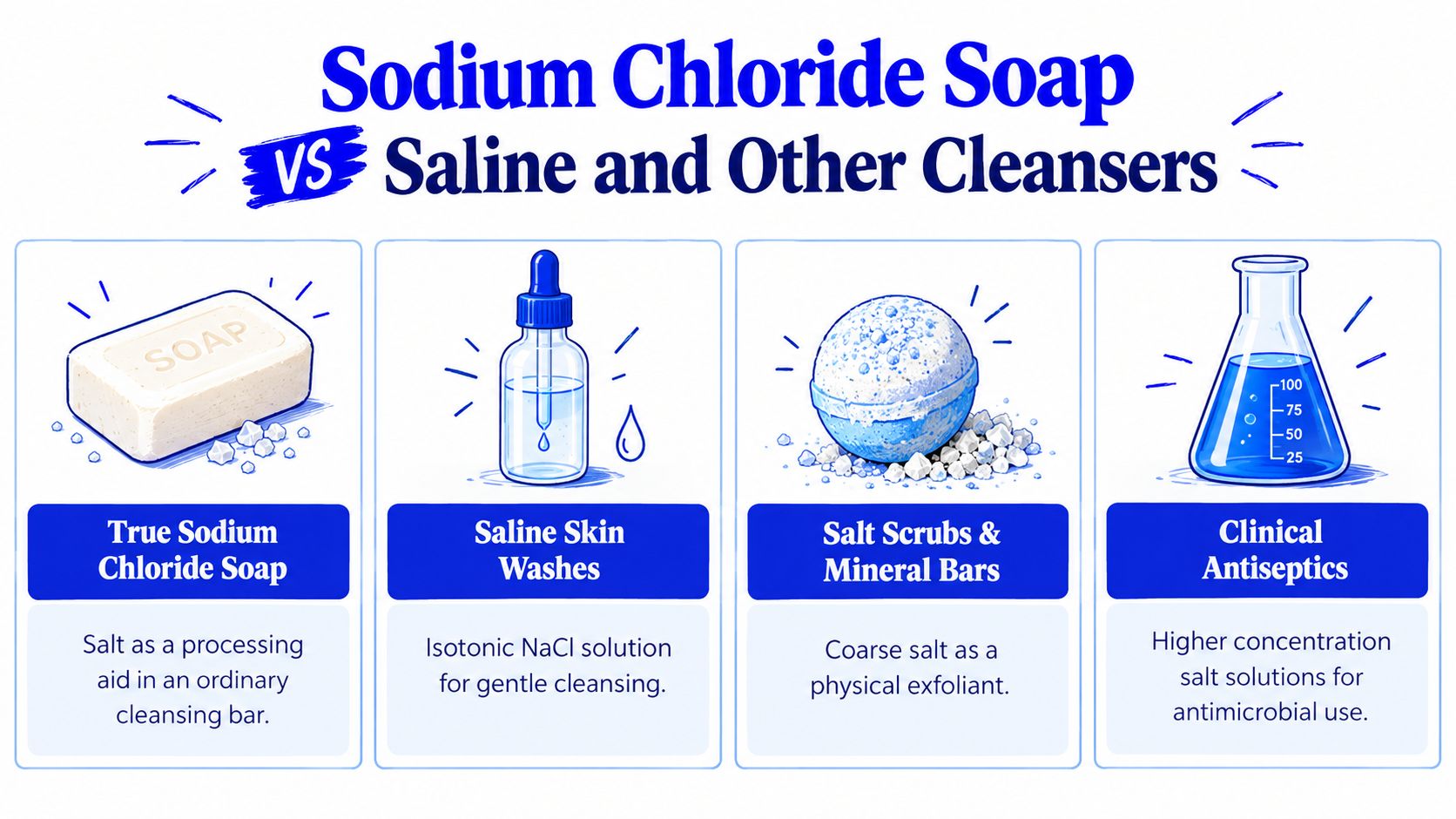 A comparison chart showing differences between sodium chloride soap, saline washes, salt scrubs, and clinical antiseptics.