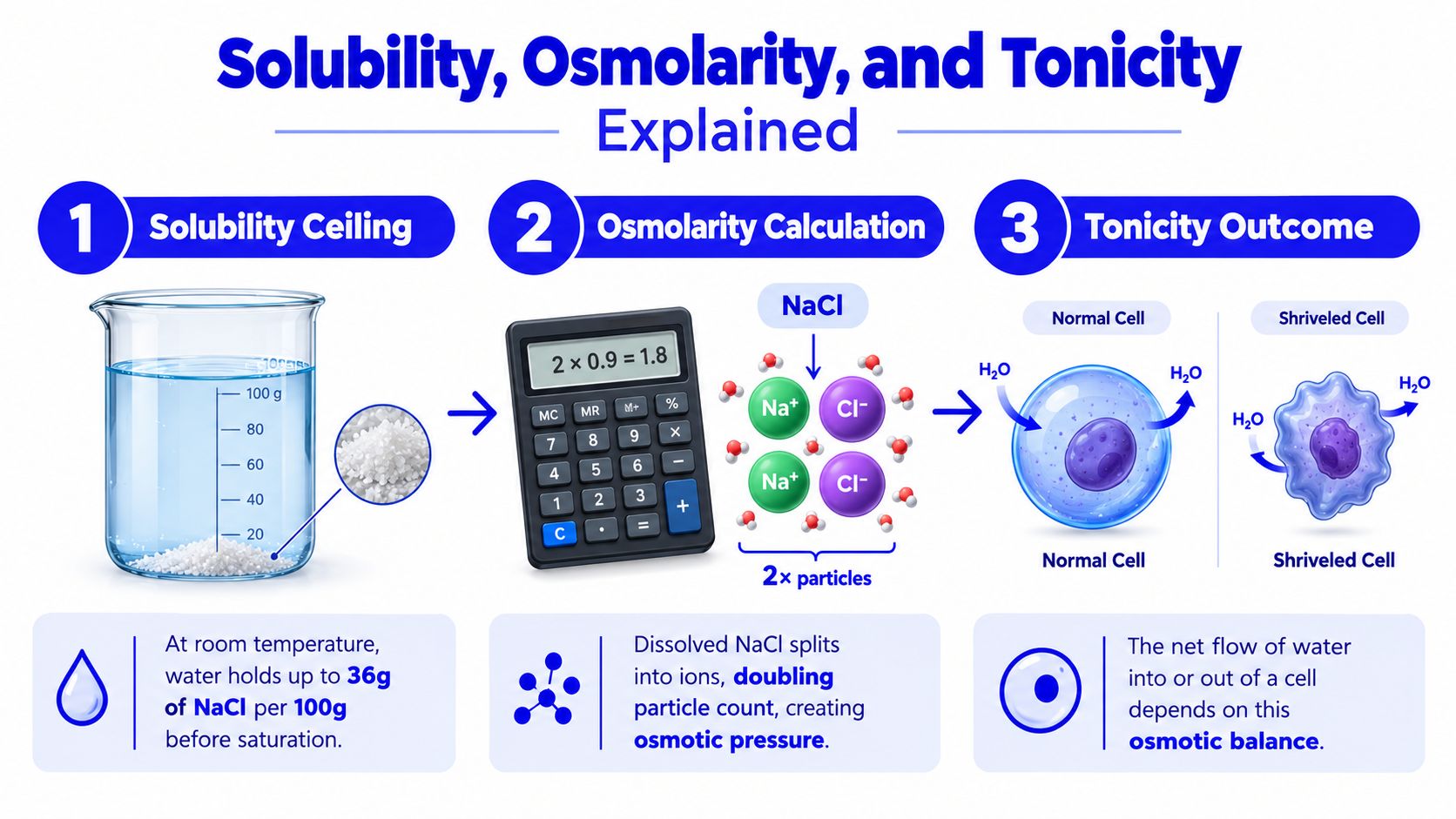 An educational infographic explaining the relationship between sodium chloride solubility, osmotic pressure calculations, and cellular tonicity outcomes.