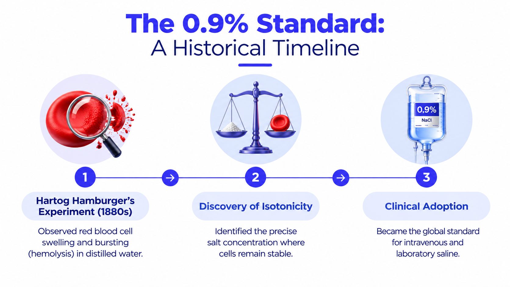A timeline chart illustrating the historical development of 0.9% sodium chloride as a medical standard for saline.